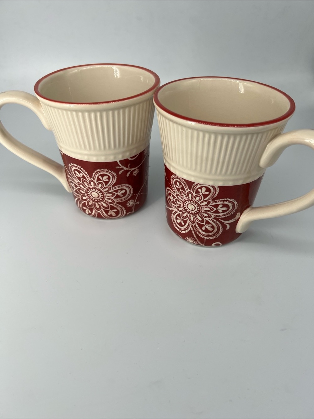 Pier 1 Imports vintage Cream and Red Floral holiday Ceramic Mugs - Set of 2